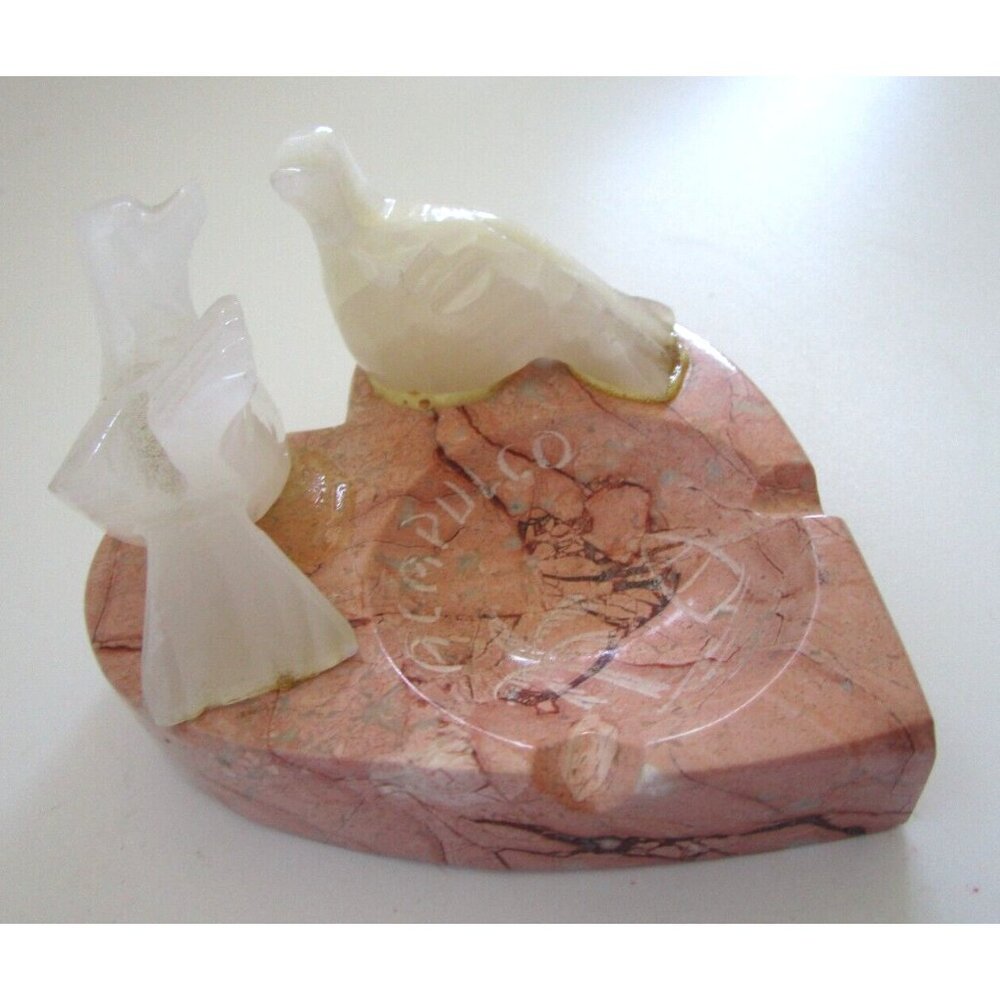 Mexican Souvenir White Alabaster Birds Pink Granite Stone Heart Ashtray Handmade - Picture 2 of 11
